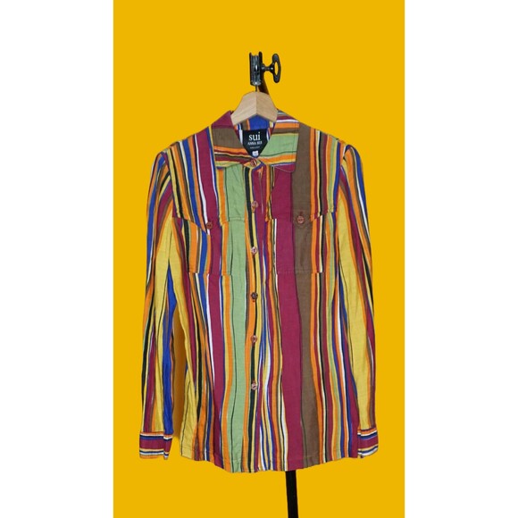 1990s SUI by ANNA SUI Colorful Striped Button Up Linen Blouse W/Pockets. S-M - Picture 2 of 10